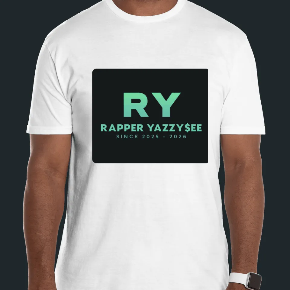 A white t-shirt worn by a model, printed across the chest with the black Rapper Yazzy$ee badge and the RY monogram in a mint to teal gradient